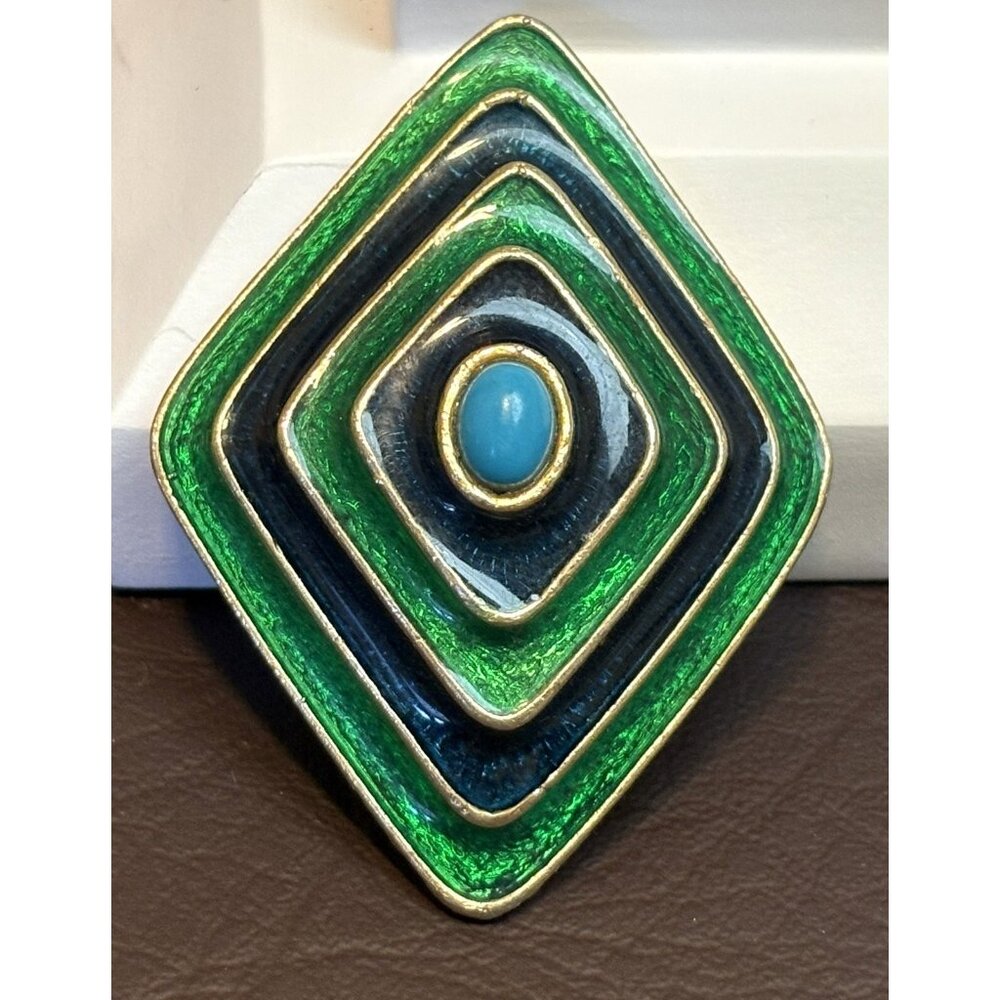 Vintage FLORENZA Blue & Green Enamel Gold Tone Brooch Geometric Modernist